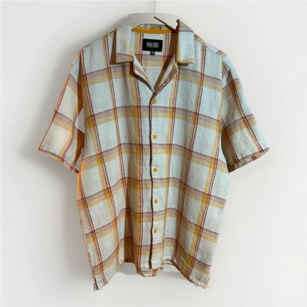 Malibu By Drill Cotton Blend Hawaiian Shirt Men's Size XL Plaid Check Breathable